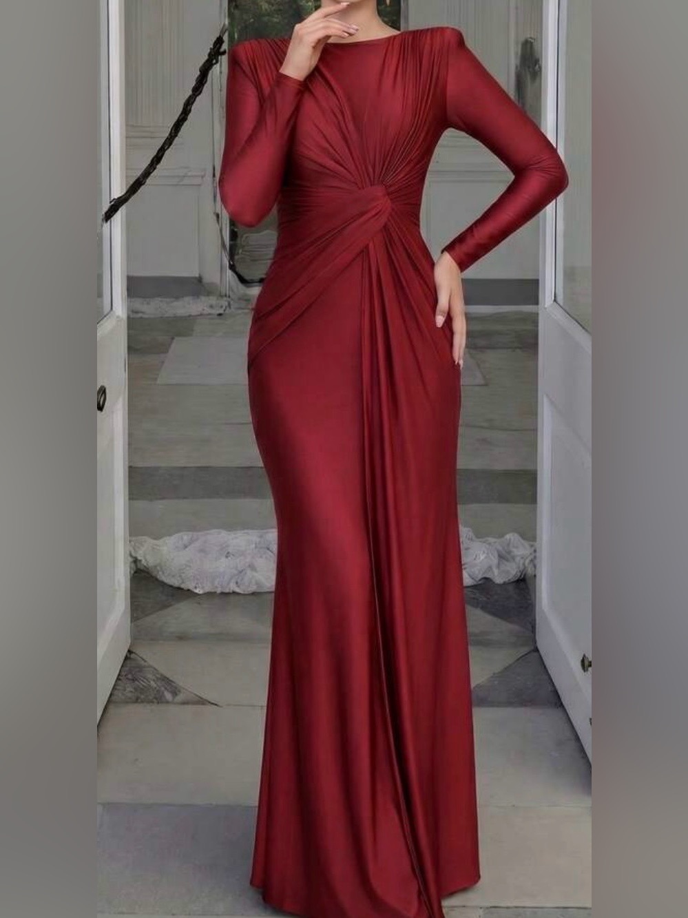 Twist-Knot Long Sleeve Maxi Dress in Deep Wine